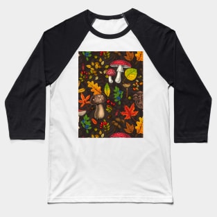 Autumn mushrooms, leaves, nuts and berries on dark brown Baseball T-Shirt